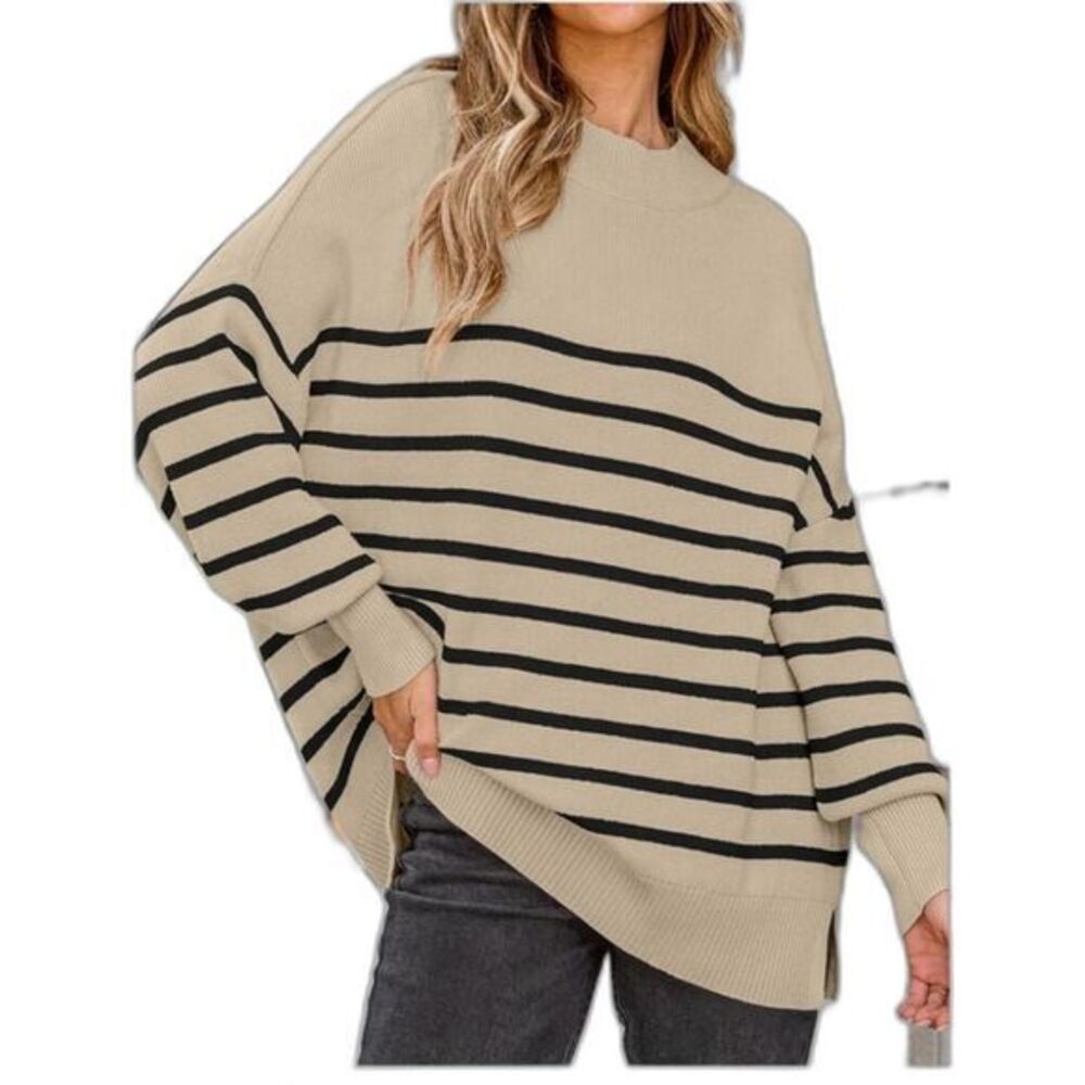 NEW‎ Beige Black Striped Oversized Sweater Women's Small Soft Knit Cozy Pullover